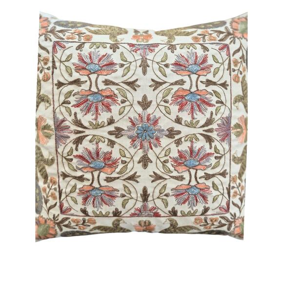 Vintage Embroidery Pottery Barn Throw Pillow 2011 Natural Moss Green Blue Red - Picture 5 of 10